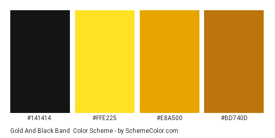 Gold and Black Band - Color scheme palette thumbnail - #141414 #ffe225 #e8a500 #bd740d 