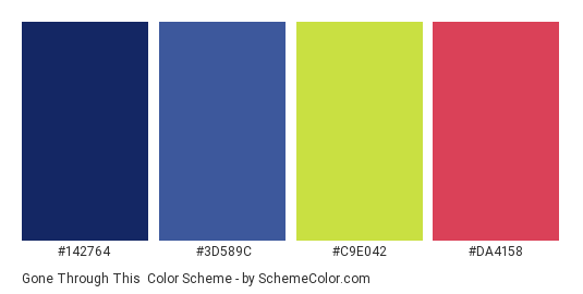 Gone Through This - Color scheme palette thumbnail - #142764 #3D589C #C9E042 #DA4158 