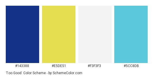 Too Good - Color scheme palette thumbnail - #143388 #e5de51 #f3f3f3 #5cc8db 