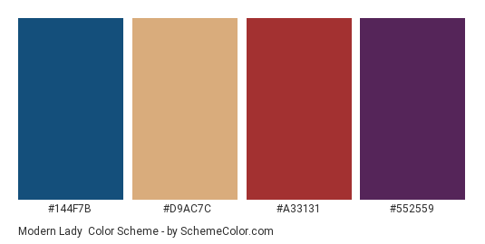 Modern Lady - Color scheme palette thumbnail - #144F7B #D9AC7C #A33131 #552559 