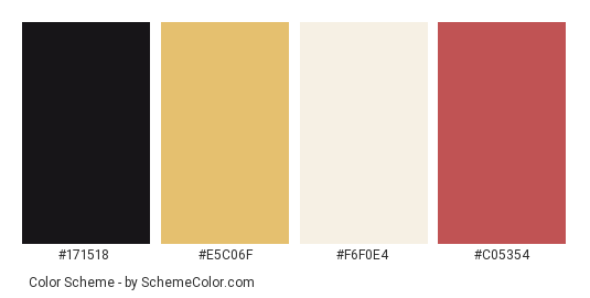 Carnival Fun - Color scheme palette thumbnail - #171518 #E5C06F #F6F0E4 #C05354 