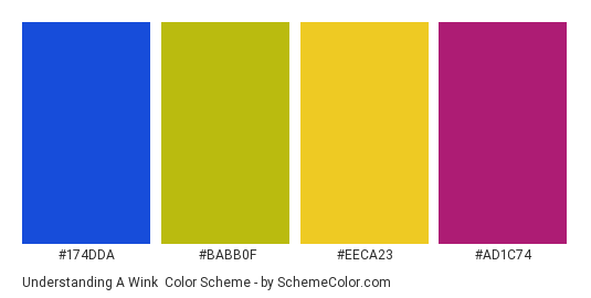 Understanding a Wink - Color scheme palette thumbnail - #174dda #babb0f #eeca23 #ad1c74 