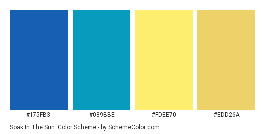 Soak In The Sun - Color scheme palette thumbnail - #175fb3 #089bbe #fdee70 #edd26a 