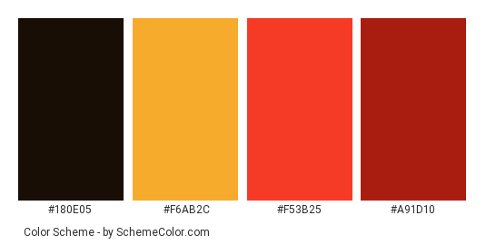Kathakali Dance - Color scheme palette thumbnail - #180e05 #f6ab2c #f53b25 #a91d10 