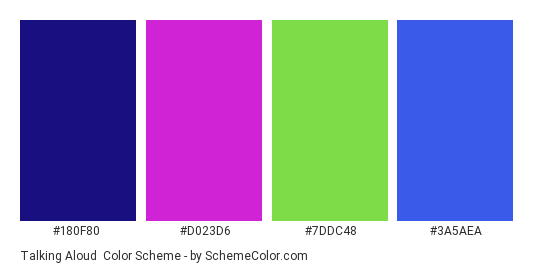 Talking Aloud - Color scheme palette thumbnail - #180f80 #d023d6 #7ddc48 #3a5aea 