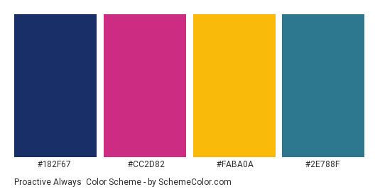 Proactive Always - Color scheme palette thumbnail - #182F67 #CC2D82 #FABA0A #2E788F 