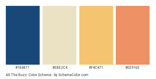 All the Buzz - Color scheme palette thumbnail - #184877 #EBE2C4 #F4C471 #EE9165 