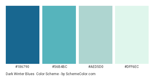 Dark Winter Blues - Color scheme palette thumbnail - #186790 #56b4bc #aed5d0 #dff6ec 