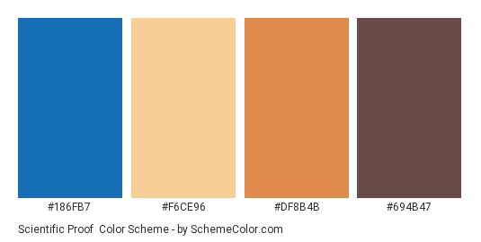 Scientific Proof - Color scheme palette thumbnail - #186FB7 #F6CE96 #DF8B4B #694B47 