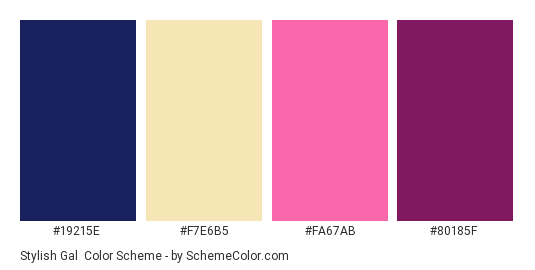 Stylish Gal - Color scheme palette thumbnail - #19215E #F7E6B5 #FA67AB #80185F 