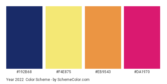 Year 2022 - Color scheme palette thumbnail - #192B68 #F4E875 #EB9543 #DA1970 