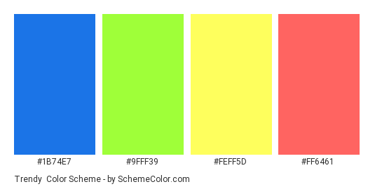 Trendy - Color scheme palette thumbnail - #1B74E7 #9FFF39 #FEFF5D #FF6461 
