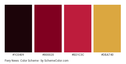 Fiery News - Color scheme palette thumbnail - #1C0409 #800020 #BD1C3C #DBA740 