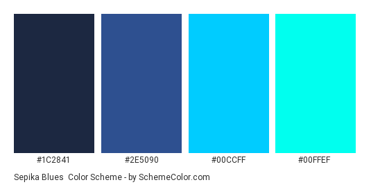 Sepika Blues - Color scheme palette thumbnail - #1C2841 #2E5090 #00CCFF #00FFEF 