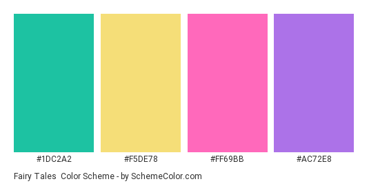 Fairy Tales - Color scheme palette thumbnail - #1DC2A2 #F5DE78 #FF69BB #AC72E8 