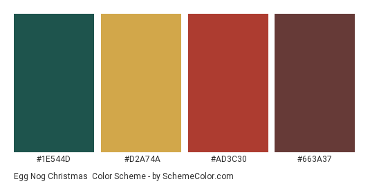 Egg Nog Christmas - Color scheme palette thumbnail - #1E544D #D2A74A #AD3C30 #663A37 