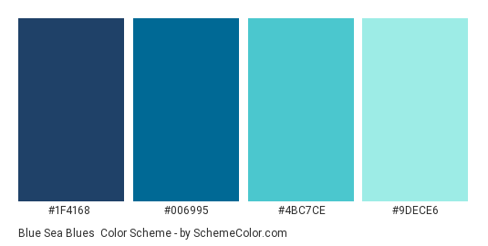 Blue Sea Blues - Color scheme palette thumbnail - #1F4168 #006995 #4BC7CE #9DECE6 