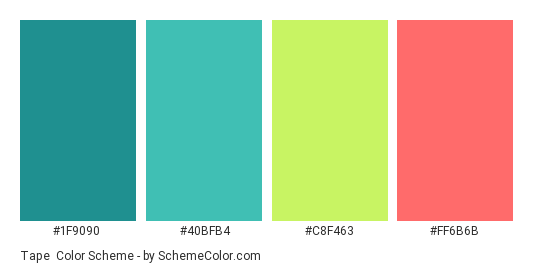 Tape - Color scheme palette thumbnail - #1F9090 #40BFB4 #C8F463 #FF6B6B 