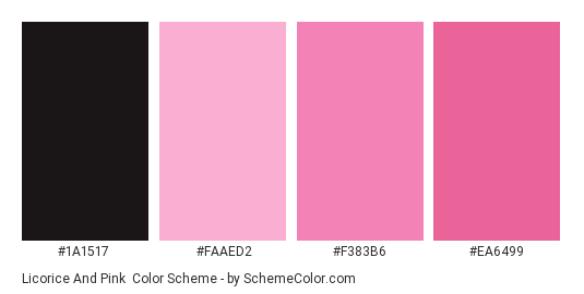 Licorice and Pink - Color scheme palette thumbnail - #1a1517 #faaed2 #f383b6 #ea6499 