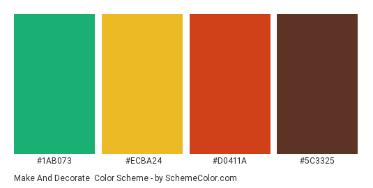Make and Decorate - Color scheme palette thumbnail - #1ab073 #ecba24 #d0411a #5c3325 