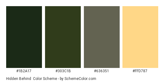 Hidden Behind - Color scheme palette thumbnail - #1b2a17 #303c1b #636351 #ffd787 