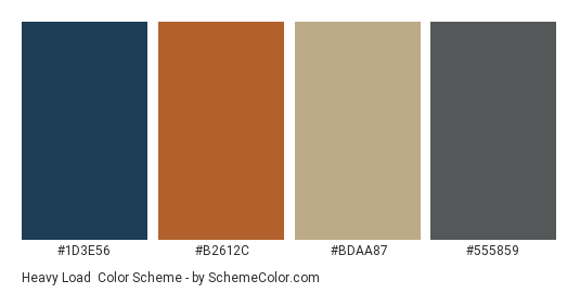 Heavy Load - Color scheme palette thumbnail - #1d3e56 #b2612c #bdaa87 #555859 