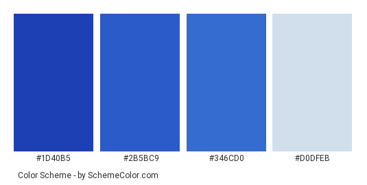 Cloud In A Blue Sky - Color scheme palette thumbnail - #1d40b5 #2b5bc9 #346cd0 #d0dfeb 