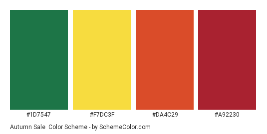 Autumn Sale - Color scheme palette thumbnail - #1d7547 #f7dc3f #da4c29 #a92230 