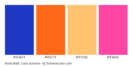 Brisk Walk - Color scheme palette thumbnail - #1e38c3 #ff6719 #ffc26e #ff45a5 