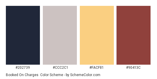 Booked on Charges - Color scheme palette thumbnail - #202739 #CCC2C1 #FACF81 #90413C 