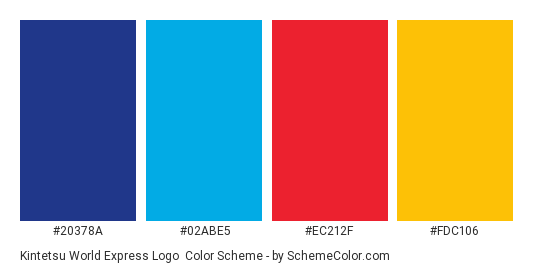 Kintetsu World Express Logo - Color scheme palette thumbnail - #20378a #02abe5 #ec212f #fdc106 