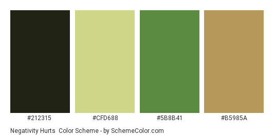 Negativity Hurts - Color scheme palette thumbnail - #212315 #cfd688 #5b8b41 #b5985a 
