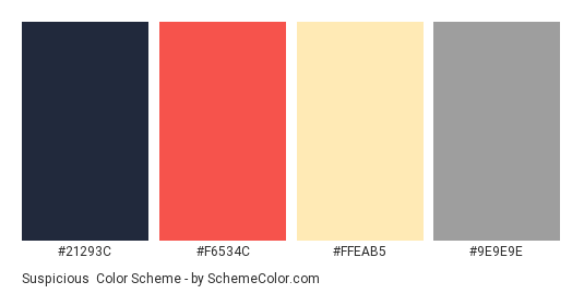 Suspicious - Color scheme palette thumbnail - #21293c #f6534c #ffeab5 #9e9e9e 
