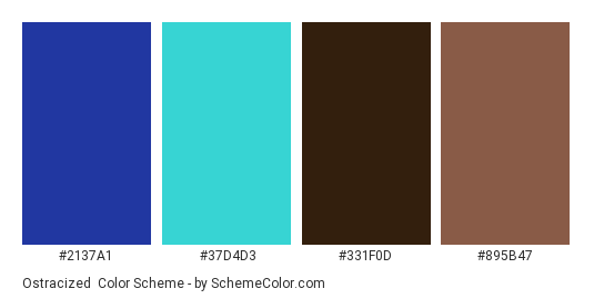 Ostracized - Color scheme palette thumbnail - #2137A1 #37D4D3 #331F0D #895B47 