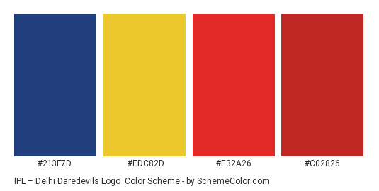 IPL – Delhi Daredevils Logo - Color scheme palette thumbnail - #213f7d #edc82d #e32a26 #c02826 