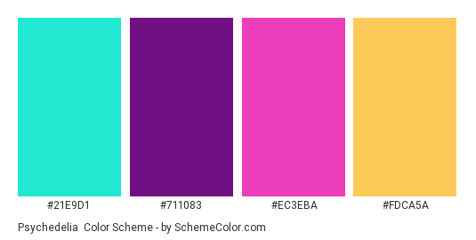 Psychedelia - Color scheme palette thumbnail - #21e9d1 #711083 #ec3eba #fdca5a 