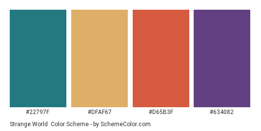 Strange World - Color scheme palette thumbnail - #22797F #DFAF67 #D65B3F #634082 