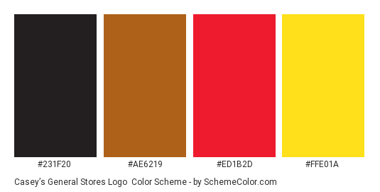 Casey’s General Stores Logo - Color scheme palette thumbnail - #231f20 #ae6219 #ed1b2d #ffe01a 