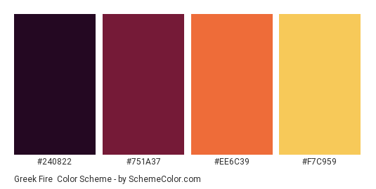 Greek Fire - Color scheme palette thumbnail - #240822 #751A37 #EE6C39 #F7C959 