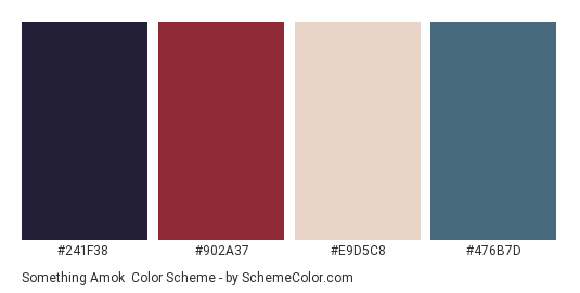 Something Amok - Color scheme palette thumbnail - #241F38 #902A37 #E9D5C8 #476B7D 