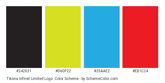 Tikona Infinet Limited Logo - Color scheme palette thumbnail - #242021 #d6df22 #25aae2 #eb1c24 