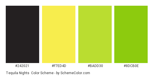 Tequila Nights - Color scheme palette thumbnail - #242021 #f7ed4d #badd30 #8dcb0e 