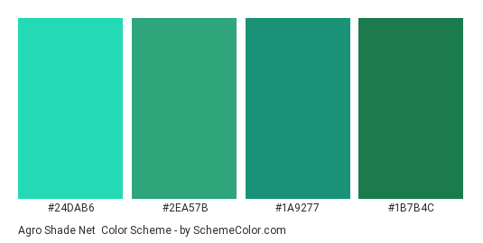 Agro Shade Net - Color scheme palette thumbnail - #24DAB6 #2EA57B #1A9277 #1B7B4C 