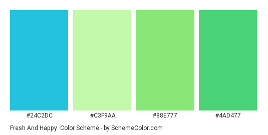 Fresh and Happy - Color scheme palette thumbnail - #24c2dc #c3f9aa #88e777 #4ad477 