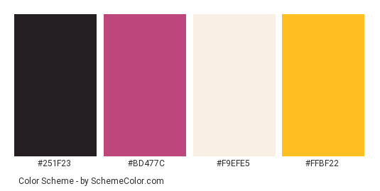 Breakfast Table - Color scheme palette thumbnail - #251f23 #bd477c #f9efe5 #ffbf22 