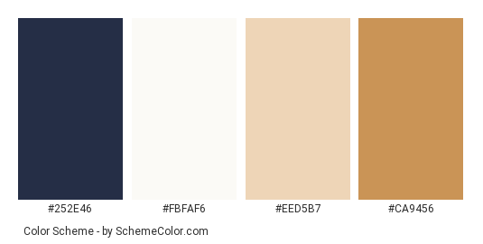 Breaking Bread - Color scheme palette thumbnail - #252e46 #fbfaf6 #eed5b7 #ca9456 