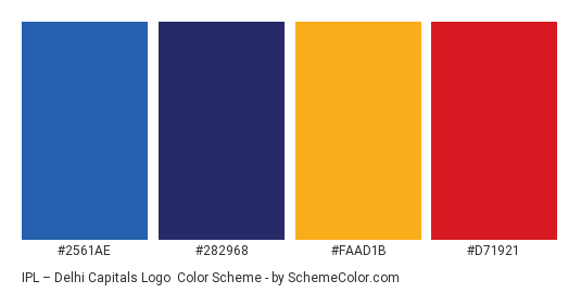 IPL – Delhi Capitals Logo - Color scheme palette thumbnail - #2561ae #282968 #faad1b #d71921 
