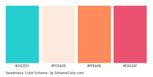 Sweetness - Color scheme palette thumbnail - #25ced1 #fceade #ff8a5b #ea526f 