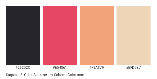 Surprise 2 - Color scheme palette thumbnail - #26252c #e54861 #f2a379 #efd5b7 