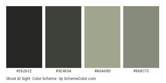 Shoot at Sight - Color scheme palette thumbnail - #262622 #3E403A #A0A68D #868C7C 